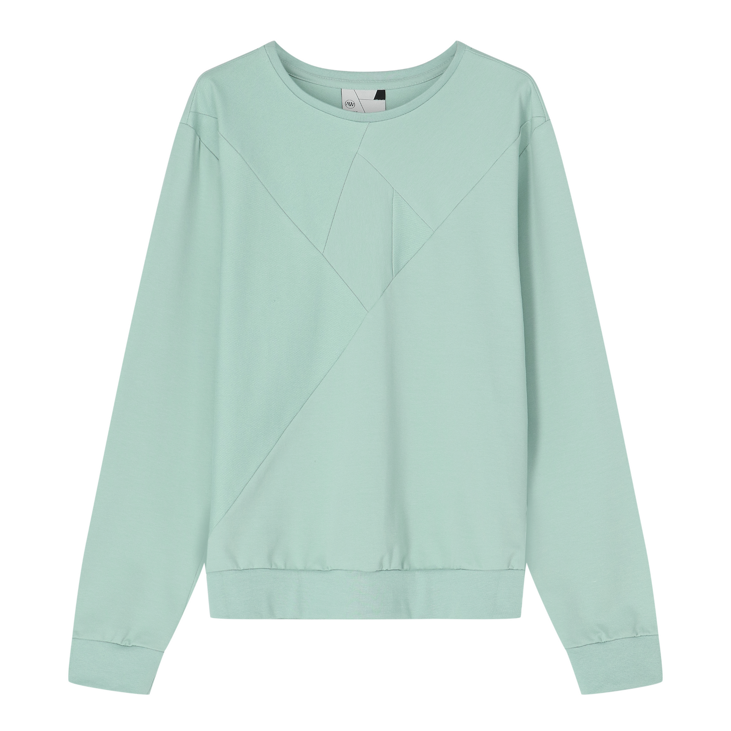 A dusty sea green crew neck sweatshirt with long sleeves, featuring a geometric crystal pattern on the front.