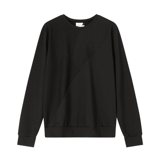 A black crew neck sweatshirt with a geometric pattern on the front.